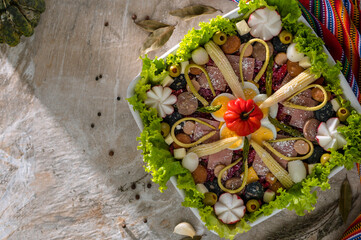 Fiambre, a traditional festival dish for All Saints Day (Día de Todos los Santos) in Guatemala,...