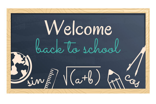 Back to school background with school supplies set. School banner. Books, textbooks, chalkboard, globe, pens, pencils, stationery. Education, knowledge, study concept. Vector cartoon illustration.