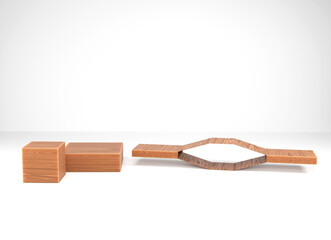 Wooden display showcase on white background. Minimal scene for product showcase or skincare advertising. 3D Rendering. 