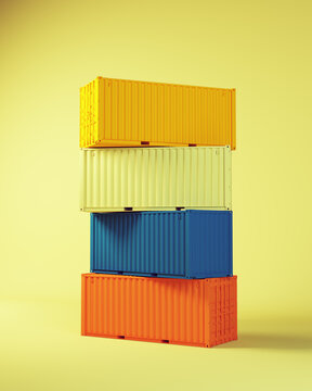 Mustard Yellow Blue Teal Burnt Orange Pistachio Green Cargo Container Stack Industrial Freight Export Shipping Transport 3d illustration render