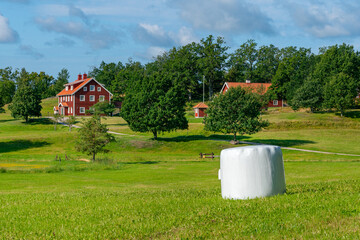 Typical red wooden houses in countryside by the sea in nature of southern Sweden on a beautiful sunny summer day. White heystacks in front. Relaxing rural landscape. © Petr