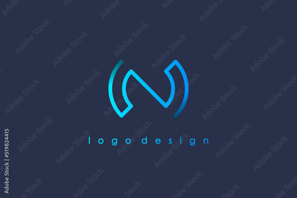Poster simple initial letter n logo. blue circular rounded line infinity style isolated on blue background.