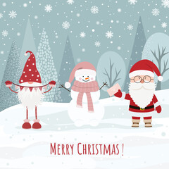 Christmas card with cute scandinavian gnome, Santa Claus and snowman.