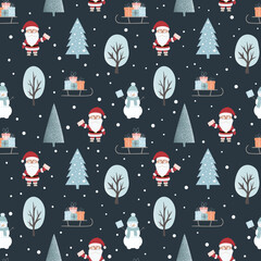 Christmas seamless pattern with snowmen, Santa Claus, trees and snowflakes. Can be used for fabric, wrapping paper, scrapbooking, textile, poster, banner and other christmas design. Flat style.