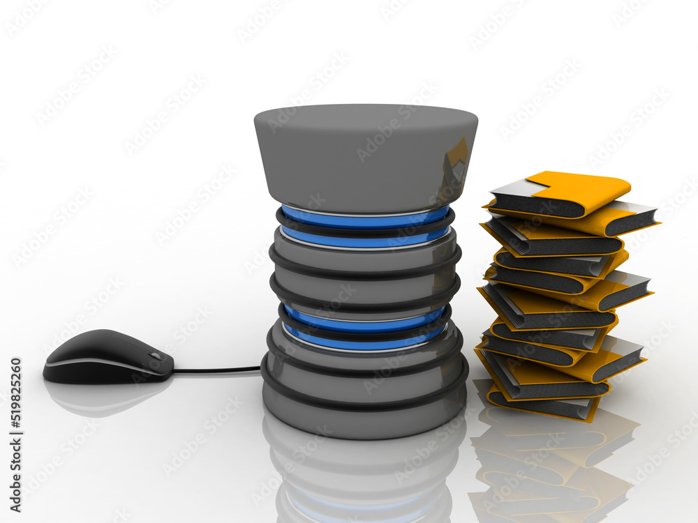 Poster 3d rendering database connected to mouse with folder