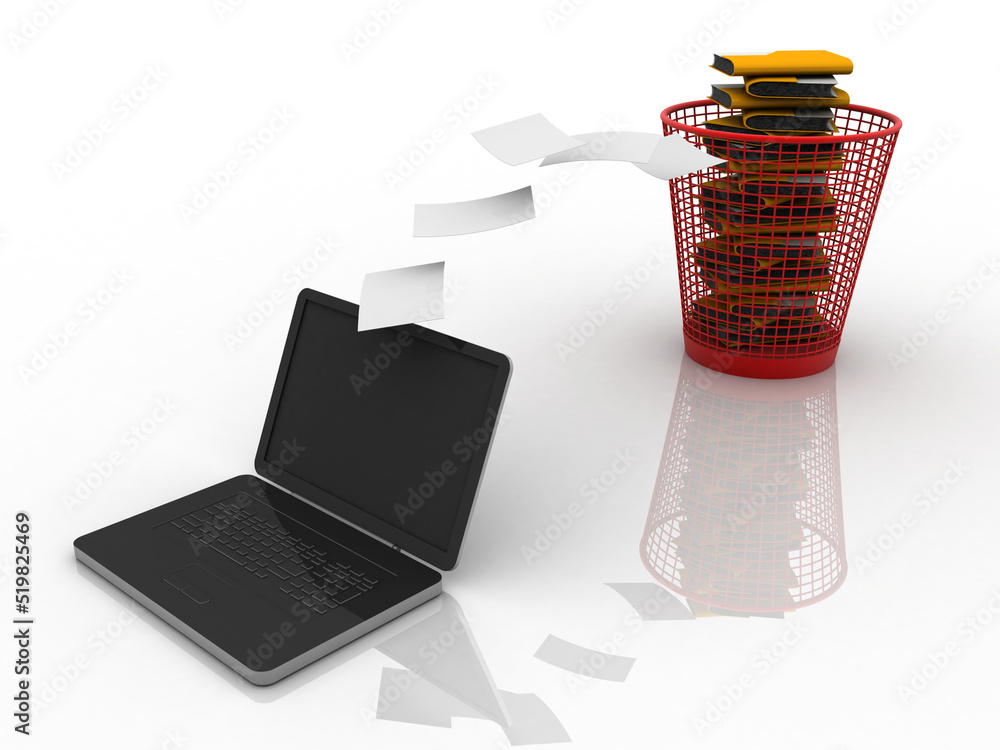 Aufkleber 3d rendering folder in recycle bin with laptop