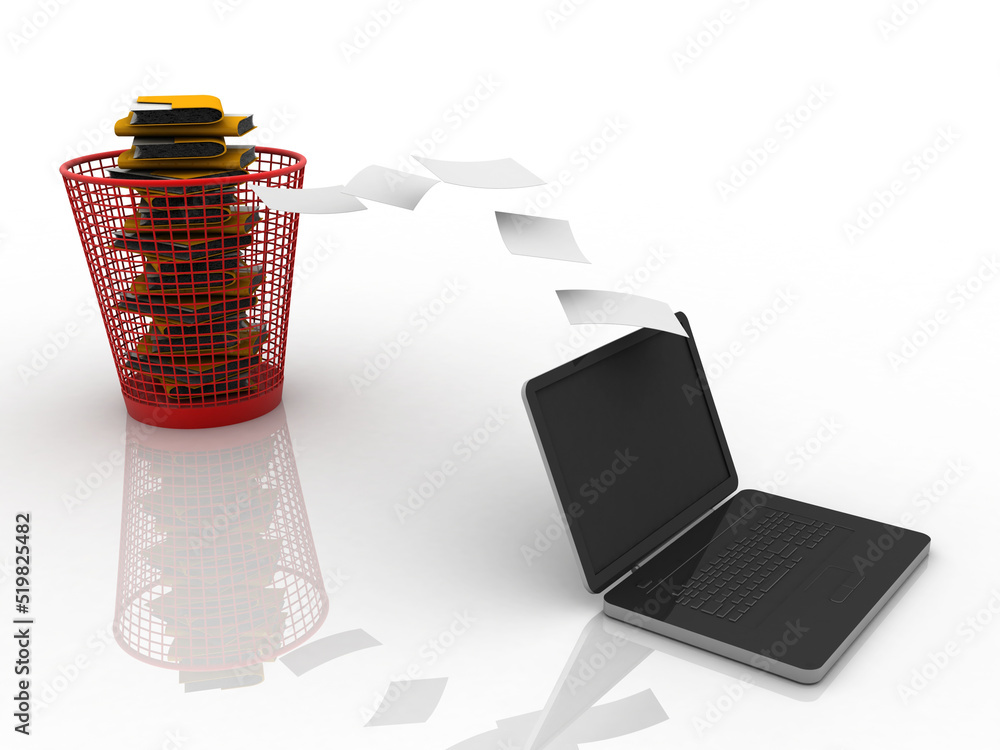 Aufkleber 3d rendering folder in recycle bin with laptop