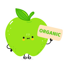 Cute funny green apple character with poster. Vector hand drawn cartoon kawaii character illustration icon. Isolated on white background. Green apple character concept