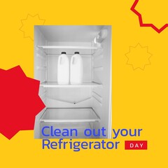 Image of clean out you refrigerator day over yellow background with stars and fridge