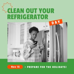 Image of clean out you refrigerator today over african american at fridge