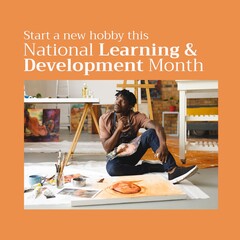 Image of national learning and development month over african american man painting