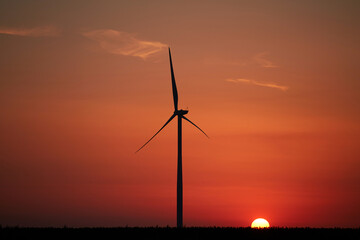 Windmill farm park in silhouettes with colorful sky.