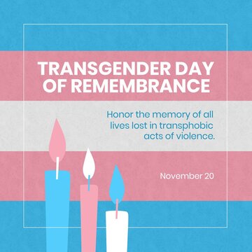 Composite of transgender day of remembrance text over candles and transgender pride flag