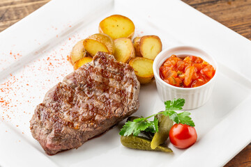 a plate of grilled beef and potatoes on a wooden table, top view