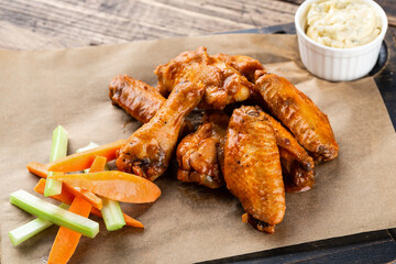Baked chicken drumsticks with sweet chili sauce on a  wooden board.