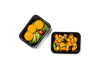 Delivery of healthy food in takeaway restaurants for daily meals on a white background, isolated on white