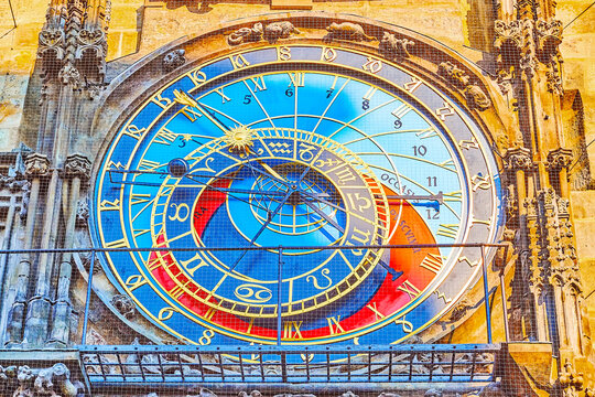 Closeup of Prague Orloj astronomical clock, Old Town Hall tower, Prague, Czech Republic
