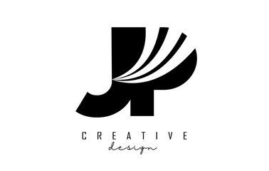 Creative black letters JP j p logo with leading lines and road concept design. Letters with geometric design.