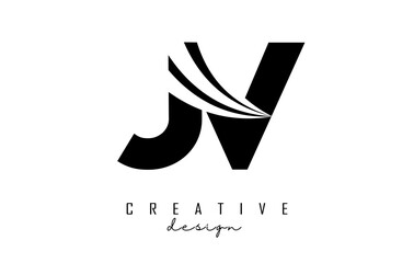 Creative black letters JV j v logo with leading lines and road concept design. Letters with geometric design.