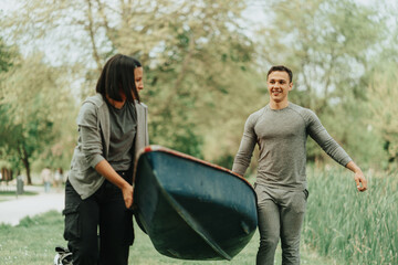 Couple with red kayak in the park