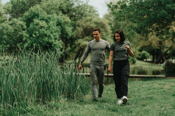 Close up of couple walking in the park