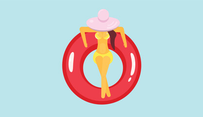 Women chilling on the pool float in the swimming pool, enjoy summer and relax. Summer time. Chill out. Red inflatable ring in blue pool water. Top aerial view. Vector illustration.