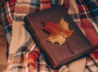 Warm woolen scarf or blanket with closed brown book on it and red and yellow fallen  leaf. Fall cosy concept.Autumn relax scene.