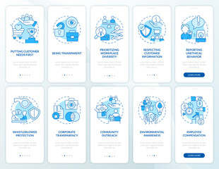 Fototapeta na wymiar Moral standards to business blue onboarding mobile app screen set. Walkthrough 5 steps editable graphic instructions with linear concepts. UI, UX, GUI template. Myriad Pro-Bold, Regular fonts used