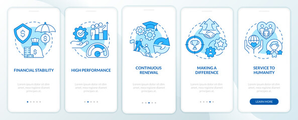 Organizational culture attributes blue onboarding mobile app screen. Walkthrough 5 steps editable graphic instructions with linear concepts. UI, UX, GUI template. Myriad Pro-Bold, Regular fonts used