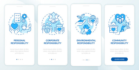 Fototapeta na wymiar Types of CSR blue onboarding mobile app screen. Personal responsibility walkthrough 4 steps editable graphic instruction with linear concepts. UI, UX, GUI template. Myriad Pro-Bold, Regular fonts used