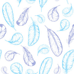 Feather seamless pattern. Hand drawn vector illustration. Sketch collection. Engraved style set.
