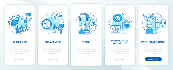 Factors that affect workplace culture blue onboarding mobile app screen. Walkthrough 5 steps editable graphic instructions with linear concepts. UI, GUI template. Myriad Pro-Bold, Regular fonts used