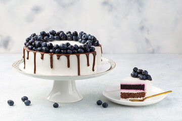 Sliced No Bake Berry Cheesecake Decorated with Blueberries
