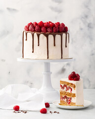Raspberry cake, raspberry sponge cake with fresh raspberries and sour cream on a white background