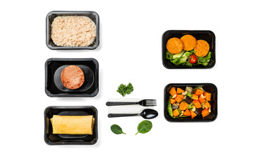 Delivery of healthy food in takeaway restaurants for daily meals on a white background, isolated on white