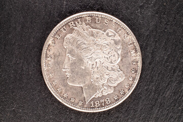One silver dollar coin, close up, top view.