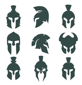 Set of nine spartan helmets. Commander's helmet