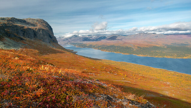 Massive of Lulep Gierkav mountain with Langas lake in the back in Lapland. Vivid autumn colors in arctic wilderness. Hiking above arctic circle. Stora Sjofallet, Stuor Muorkke national park, Sweden.