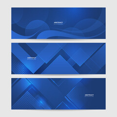 Fototapeta premium Blue abstract vector long banner. Minimal background with arrows and copy space for text. Social media cover and web banner template