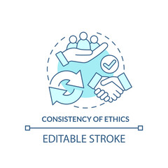Consistency of ethics turquoise concept icon. Ethical banking abstract idea thin line illustration. Isolated outline drawing. Moral standards. Editable stroke. Arial, Myriad Pro-Bold fonts used