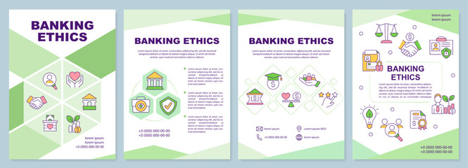 Banking ethics green brochure template. Sustainable bank. Leaflet design with linear icons. Editable 4 vector layouts for presentation, annual reports. Arial-Black, Myriad Pro-Regular fonts used