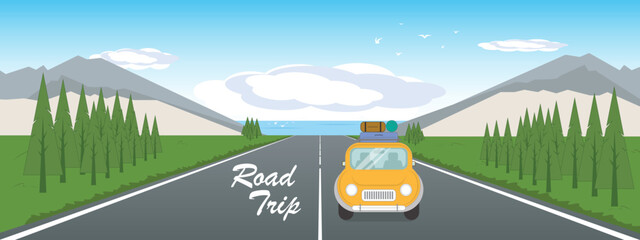 Cartoon style of vintage style yellow car with baggages for road trip traveling with mountain and sea view background. 