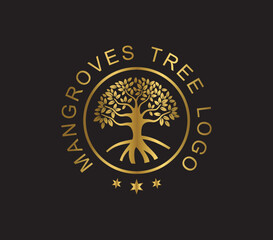 mangroves logo design template in gold color on black background