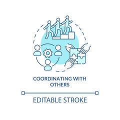 Coordinating with others turquoise concept icon. New team member. Onboarding process abstract idea thin line illustration. Isolated outline drawing. Editable stroke. Arial, Myriad Pro-Bold fonts used