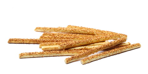 Pretzel bread sticks with sesame seeds, snacks isolated on white  