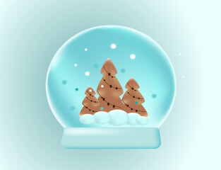 Realistic 3d render snow globe with  Christmas trees.  Vector modern background.