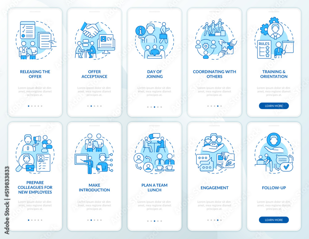 Poster developing employee integration blue onboarding mobile app screen set. walkthrough 5 steps editable 