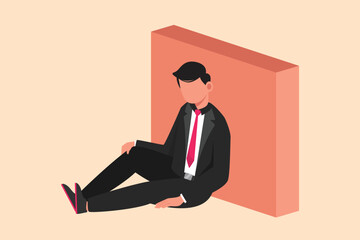 Business flat cartoon style drawing depressed young businessman sitting in despair on the floor. Entrepreneur sad gesture expression. Professional burnout syndrome. Graphic design vector illustration