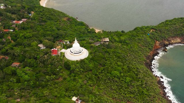 Japanese Peace Pagoda view from above. Buddhist temple near Unawatuna in Sri Lanka