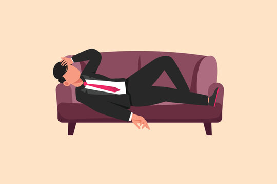 Business design drawing depressed businessman sad tired sleepy resting on sofa. Frustrated worker holding head lying on sofa. Stressed and anxiety on failure. Flat cartoon style vector illustration
